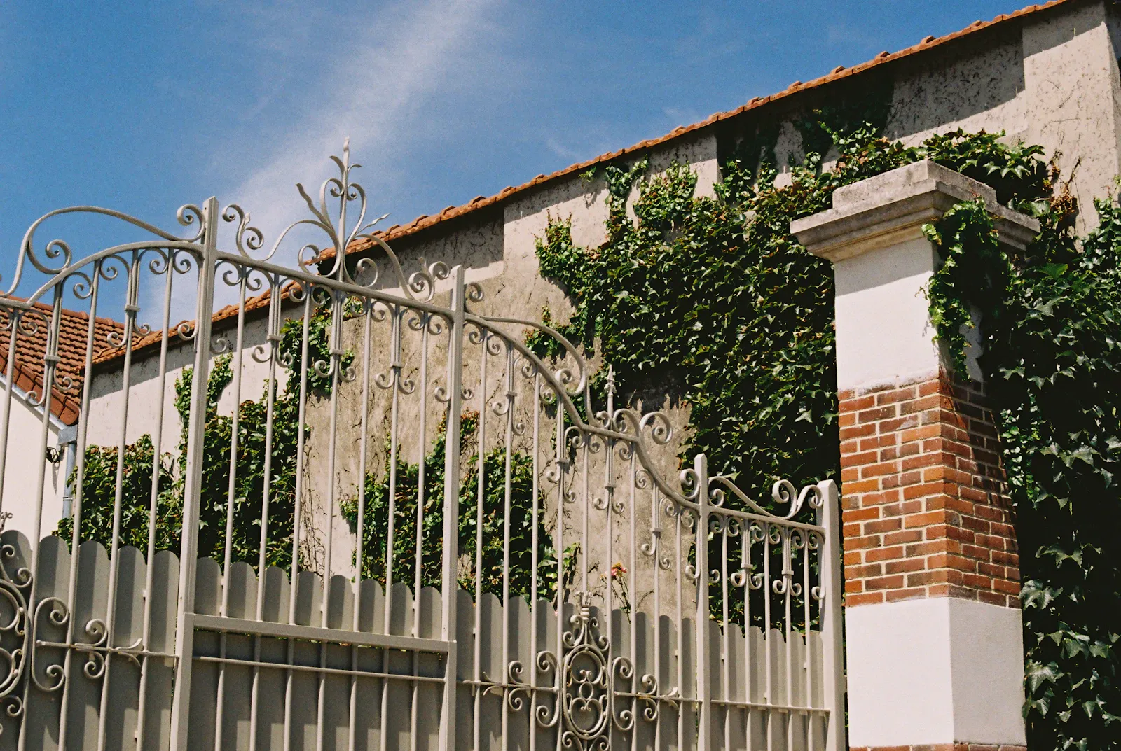 Verwaltung von Nachlass-Immobilien — JL Immobilienservice Schmiedeeisernes Gartentor an einer efeubewachsenen Ziegelmauer.